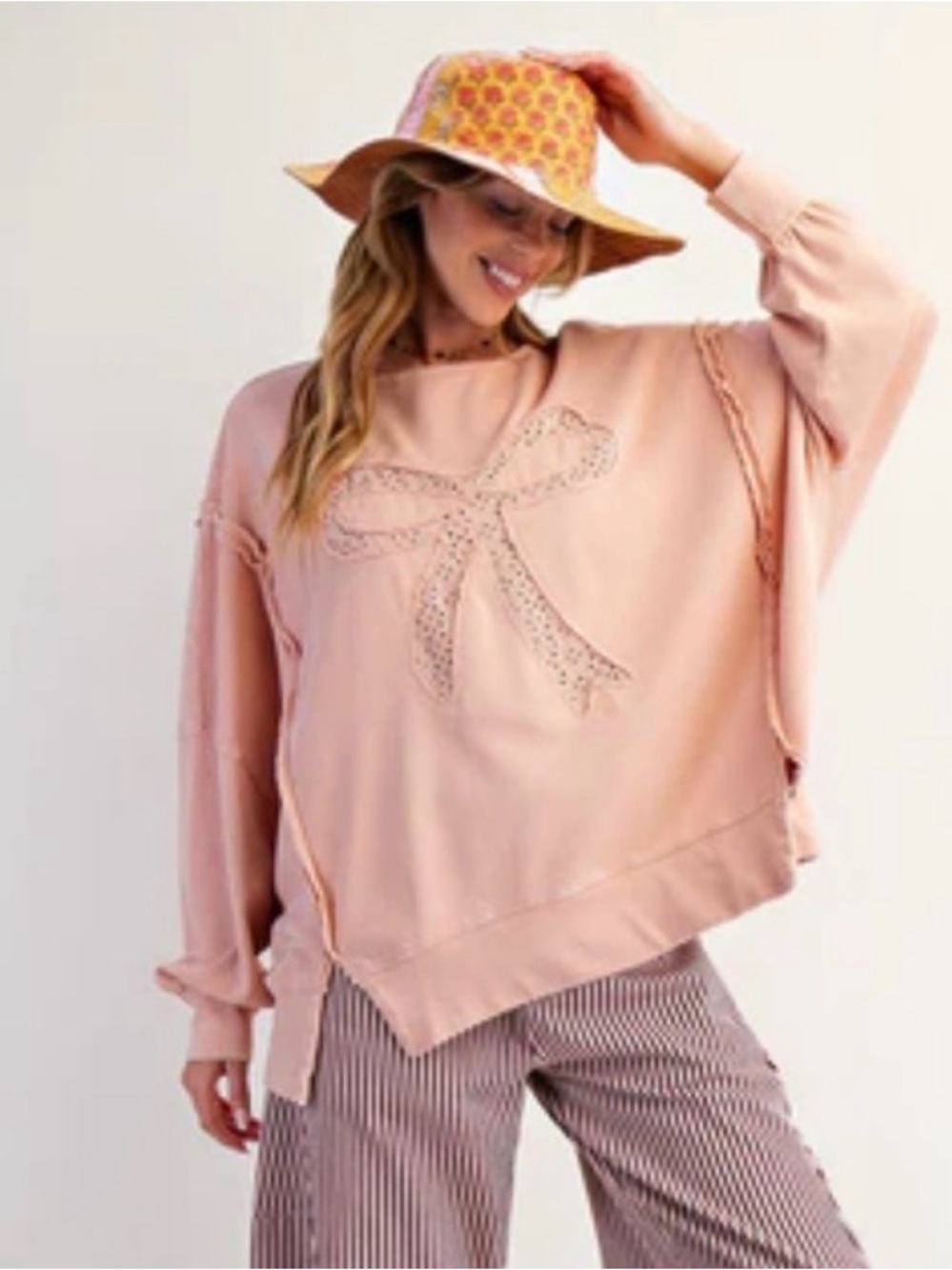 Easel Peach Embroidered Bow Oversized Pullover sweatshirt lightweight